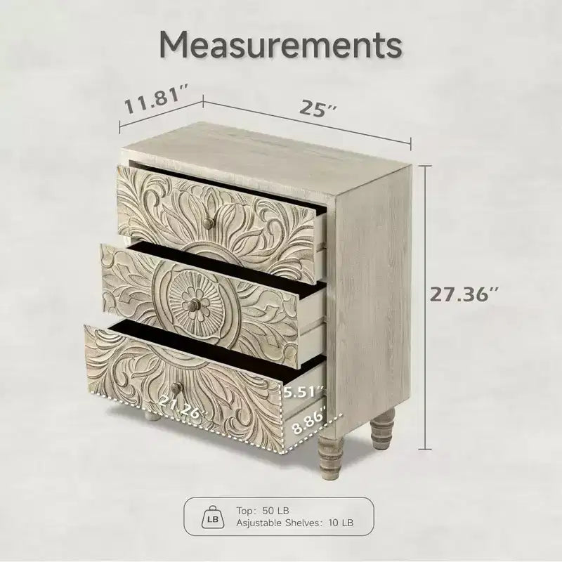 COZAYH 3-Drawer Bedroom Dresser with Carved Floral Front, Distressed Weathered White Finish Rustic, Boho, French Country, Farmhouse Nightstand