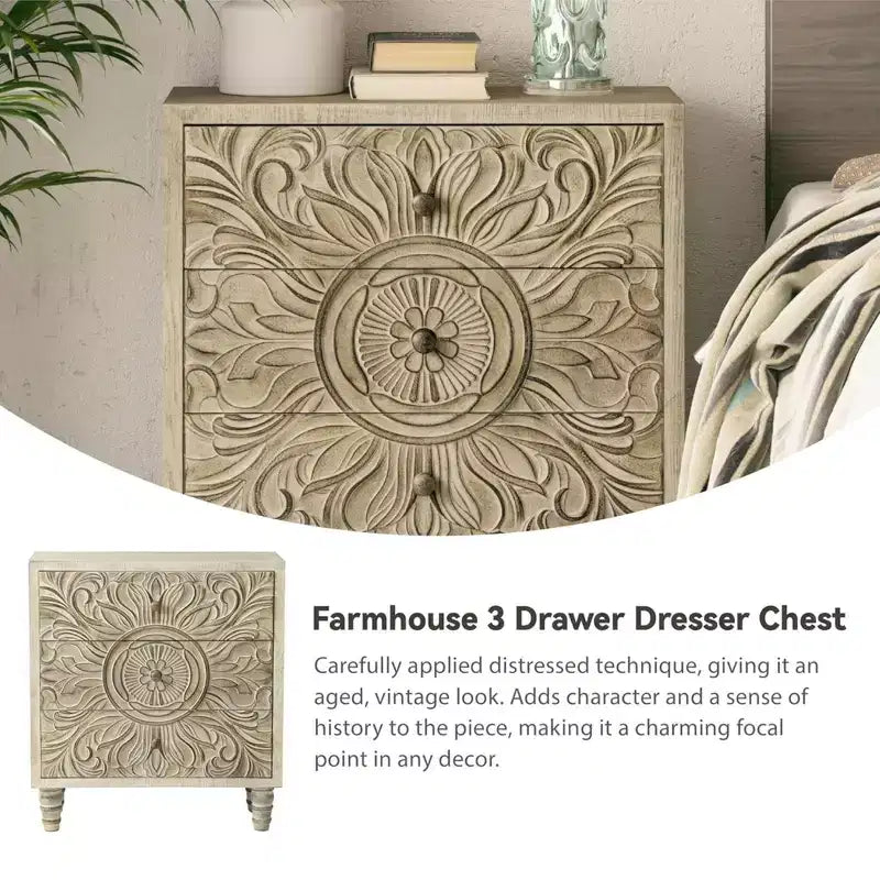COZAYH 3-Drawer Bedroom Dresser with Carved Floral Front, Distressed Weathered White Finish Rustic, Boho, French Country, Farmhouse Nightstand