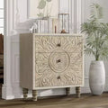 COZAYH 3-Drawer Bedroom Dresser with Carved Floral Front, Distressed Weathered White Finish Rustic, Boho, French Country, Farmhouse Nightstand