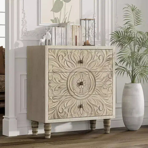COZAYH 3-Drawer Bedroom Dresser with Carved Floral Front, Distressed Weathered White Finish Rustic, Boho, French Country, Farmhouse Nightstand