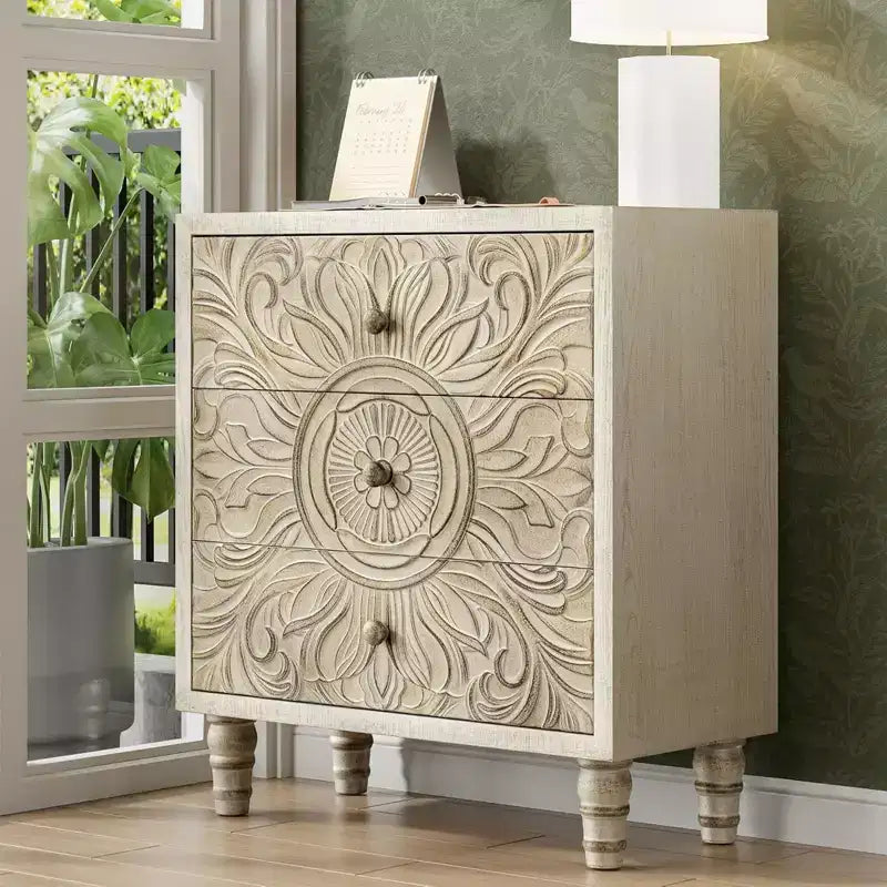 COZAYH 3-Drawer Bedroom Dresser with Carved Floral Front, Distressed Weathered White Finish Rustic, Boho, French Country, Farmhouse Nightstand