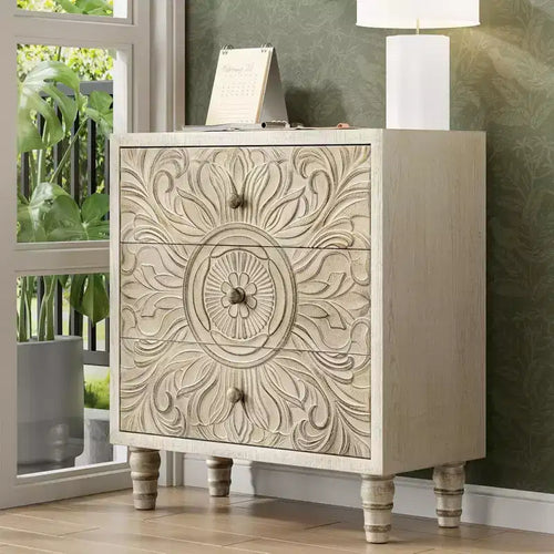 COZAYH 3-Drawer Bedroom Dresser with Carved Floral Front, Distressed Weathered White Finish Rustic, Boho, French Country, Farmhouse Nightstand