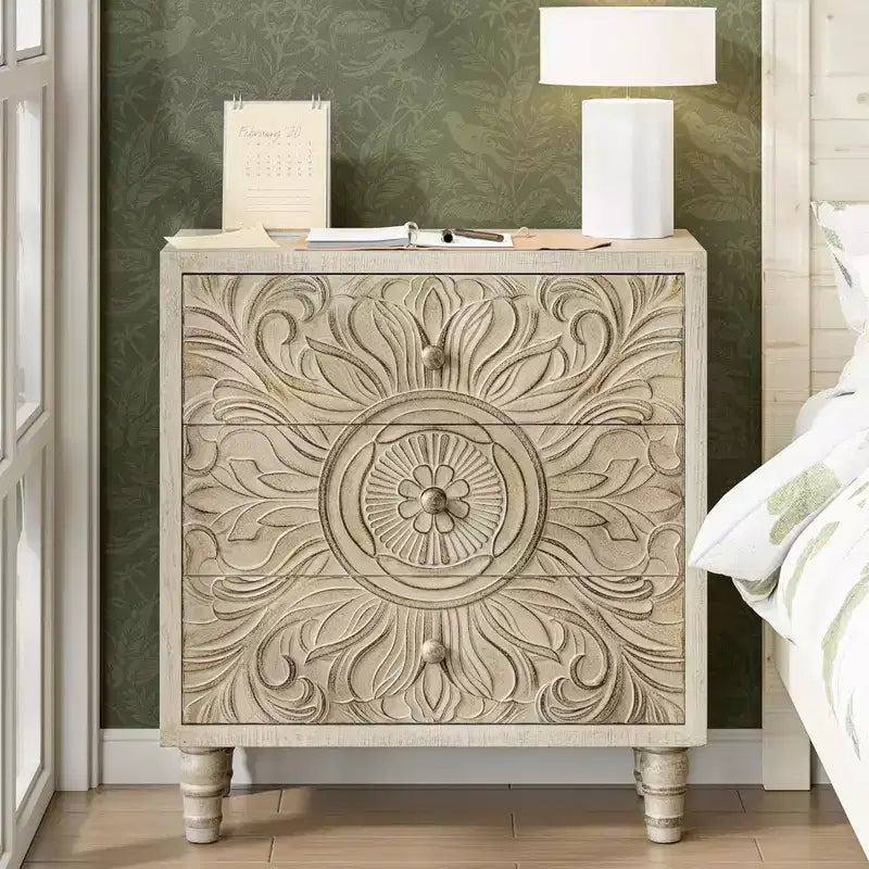 COZAYH 3-Drawer Bedroom Dresser with Carved Floral Front, Distressed Weathered White Finish Rustic, Boho, French Country, Farmhouse Nightstand