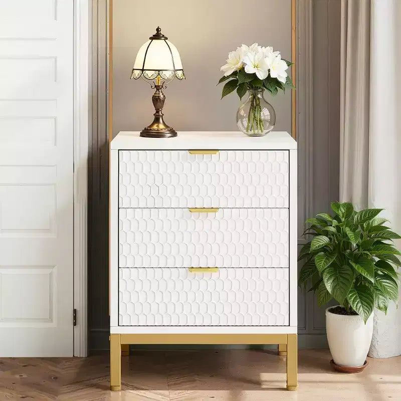 MAYEERTY Tall White Nightstand with 3 Glide Drawers, Honeycomb Hexagon Pattern & Gold Metal Base