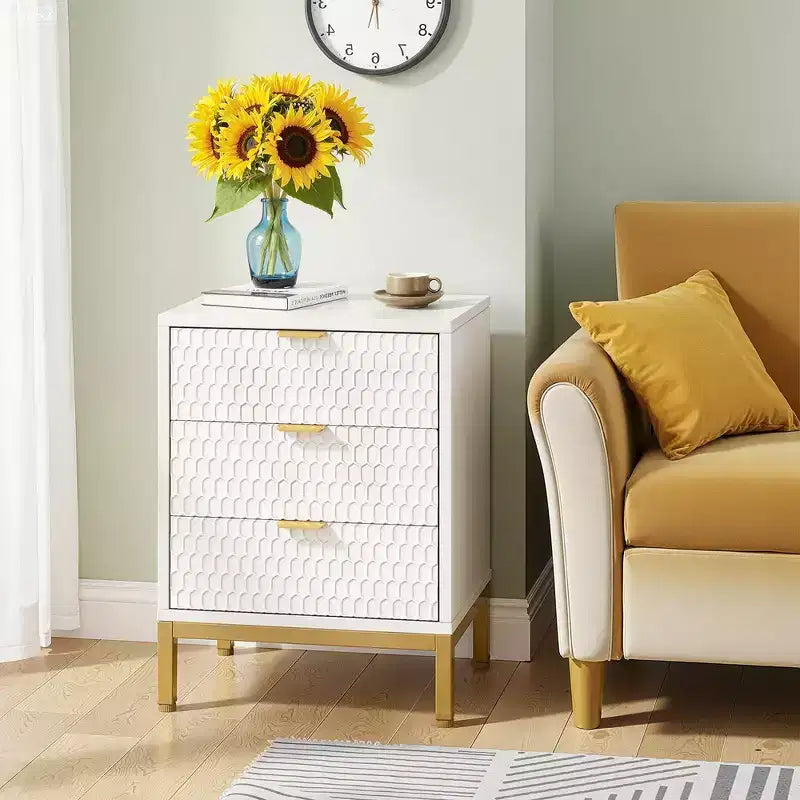 MAYEERTY Tall White Nightstand with 3 Glide Drawers, Honeycomb Hexagon Pattern & Gold Metal Base