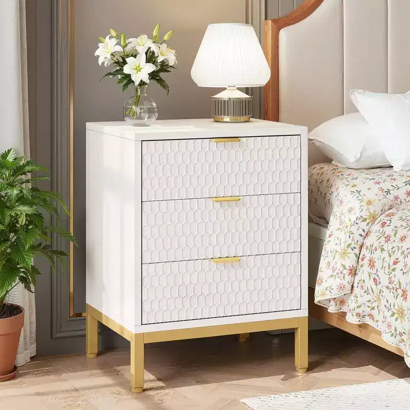MAYEERTY Tall White Nightstand with 3 Glide Drawers, Honeycomb Hexagon Pattern & Gold Metal Base