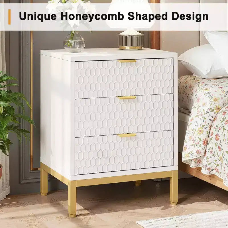 MAYEERTY Tall White Nightstand with 3 Glide Drawers, Honeycomb Hexagon Pattern & Gold Metal Base