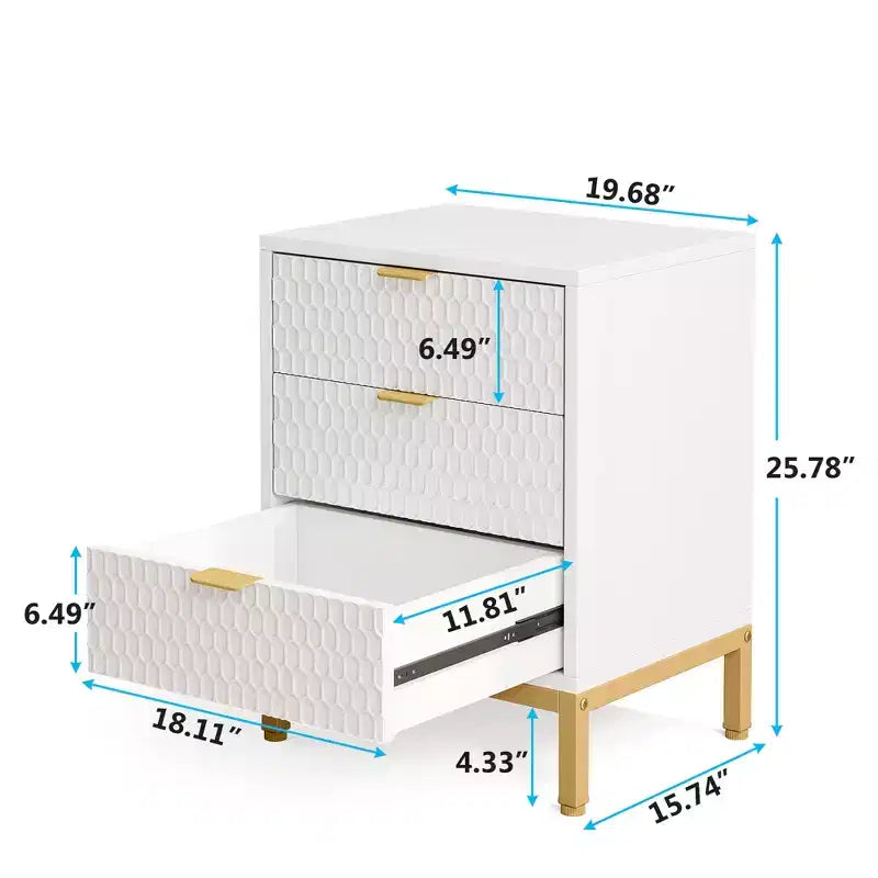 MAYEERTY Tall White Nightstand with 3 Glide Drawers, Honeycomb Hexagon Pattern & Gold Metal Base