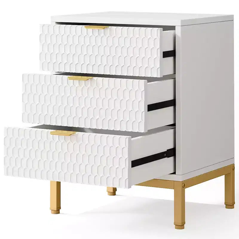 MAYEERTY Tall White Nightstand with 3 Glide Drawers, Honeycomb Hexagon Pattern & Gold Metal Base