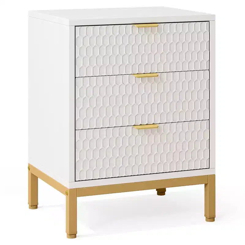 MAYEERTY Tall White Nightstand with 3 Glide Drawers, Honeycomb Hexagon Pattern & Gold Metal Base