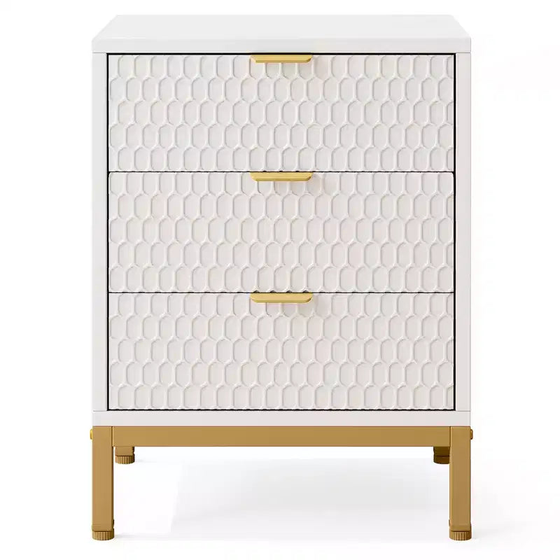 MAYEERTY Tall White Nightstand with 3 Glide Drawers, Honeycomb Hexagon Pattern & Gold Metal Base