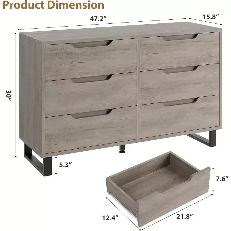 DobleePy 47.2 Ash Grey 6-Drawer Dresser, Freestanding Vertical Storage Cabinet for Bedroom, Closet, Living Room, Entryway