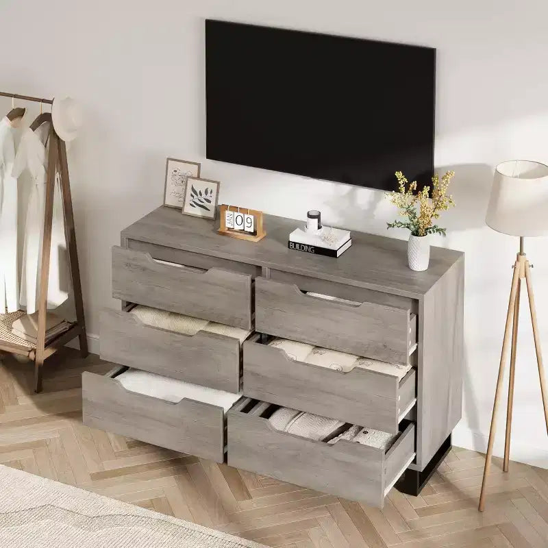 DobleePy 47.2 Ash Grey 6-Drawer Dresser, Freestanding Vertical Storage Cabinet for Bedroom, Closet, Living Room, Entryway