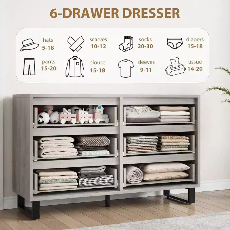 DobleePy 47.2 Ash Grey 6-Drawer Dresser, Freestanding Vertical Storage Cabinet for Bedroom, Closet, Living Room, Entryway