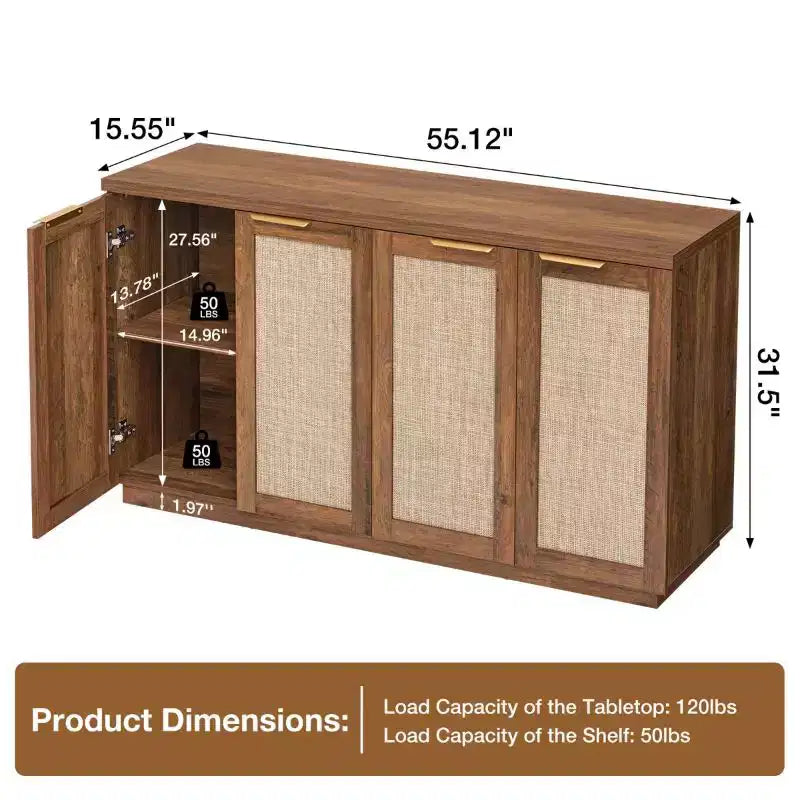 Hommpa 55 4-Door Rattan Buffet Sideboard Cabinet Multipurpose Dining Room Organizer