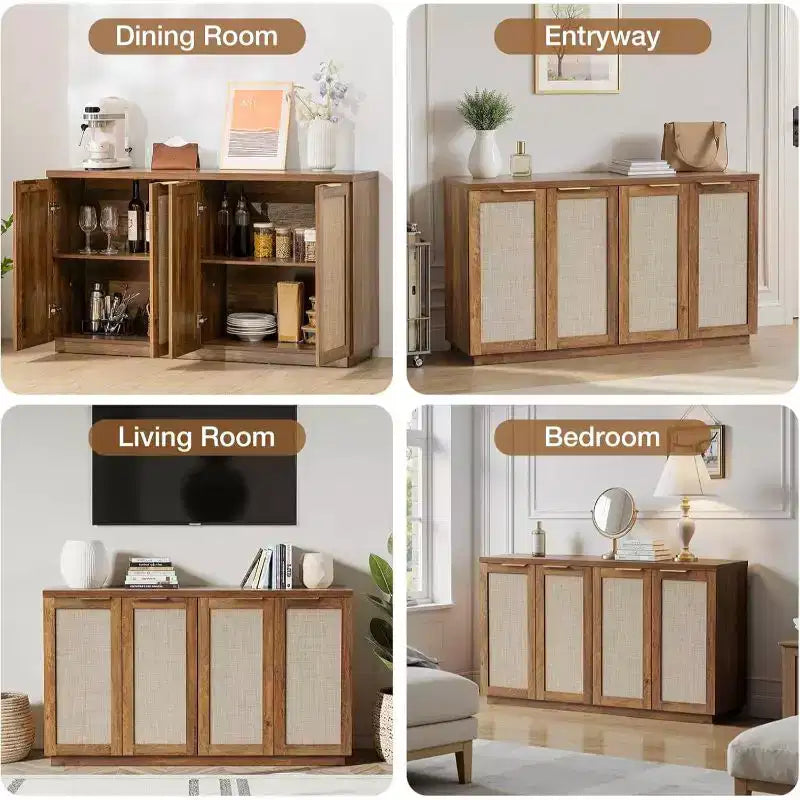 Hommpa 55 4-Door Rattan Buffet Sideboard Cabinet Multipurpose Dining Room Organizer