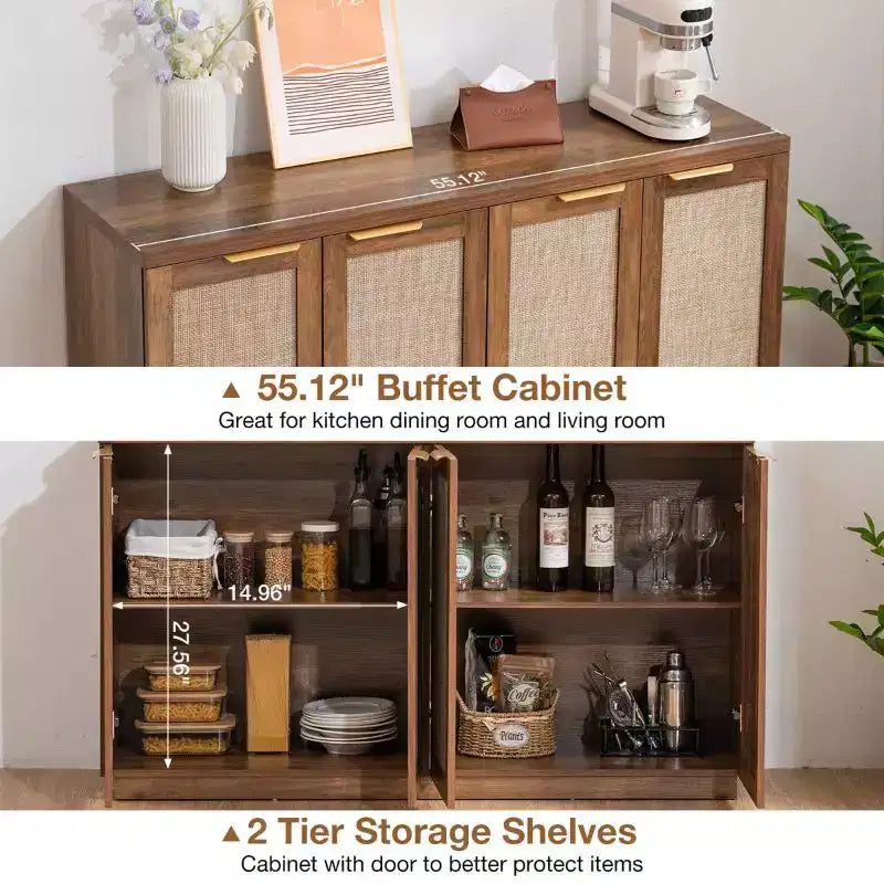 Hommpa 55 4-Door Rattan Buffet Sideboard Cabinet Multipurpose Dining Room Organizer
