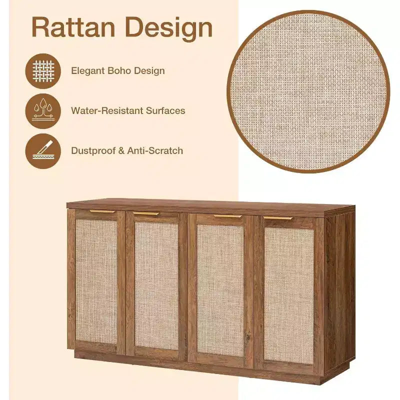 Hommpa 55 4-Door Rattan Buffet Sideboard Cabinet Multipurpose Dining Room Organizer