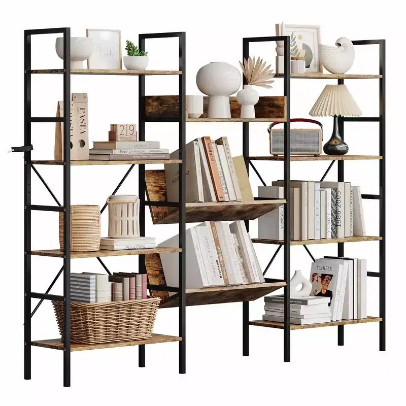 GustoWave 4 Tier Bookcases, Triple Wide Industrial Bookshelf, Steel Bookshelf, Display Storage Bookshelves for Living Room, Bedroom, Home, Office