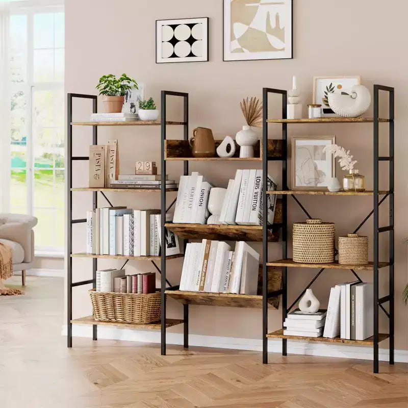 GustoWave 4 Tier Bookcases, Triple Wide Industrial Bookshelf, Steel Bookshelf, Display Storage Bookshelves for Living Room, Bedroom, Home, Office