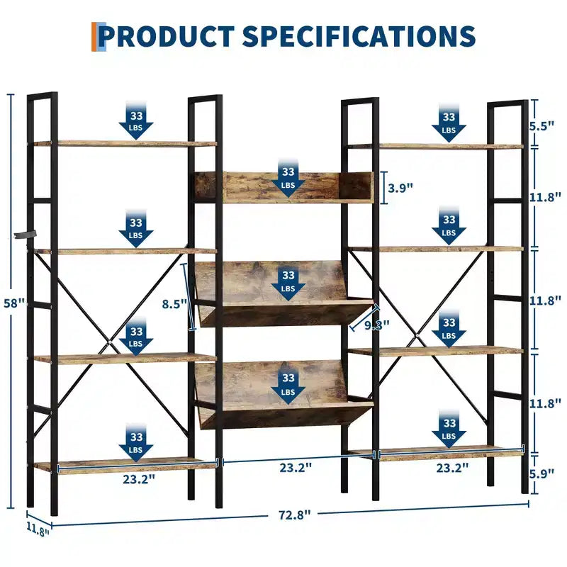 GustoWave 4 Tier Bookcases, Triple Wide Industrial Bookshelf, Steel Bookshelf, Display Storage Bookshelves for Living Room, Bedroom, Home, Office