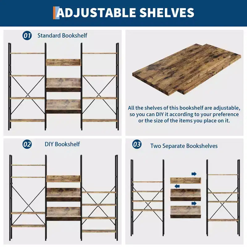 GustoWave 4 Tier Bookcases, Triple Wide Industrial Bookshelf, Steel Bookshelf, Display Storage Bookshelves for Living Room, Bedroom, Home, Office