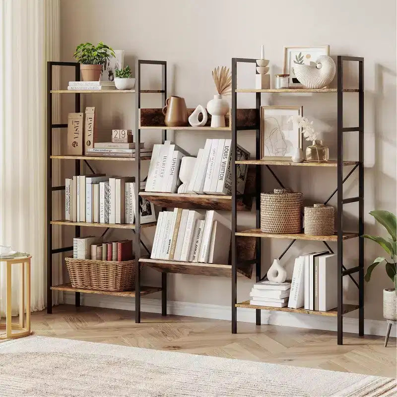 GustoWave 4 Tier Bookcases, Triple Wide Industrial Bookshelf, Steel Bookshelf, Display Storage Bookshelves for Living Room, Bedroom, Home, Office