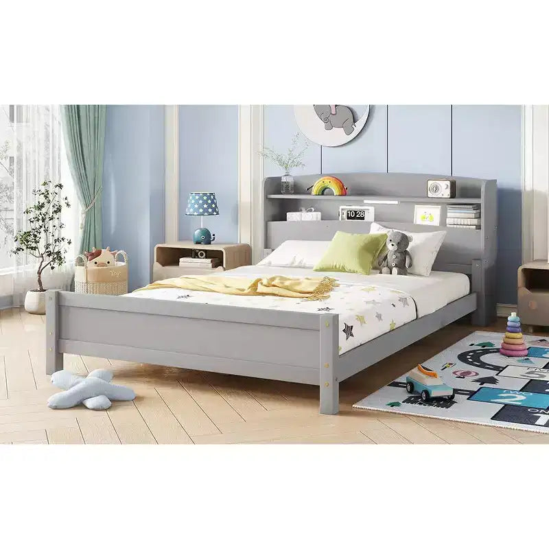 MAYEERTY Full Pine Wood Bed with Bookcase Headboard, Safety Guardrails Gray