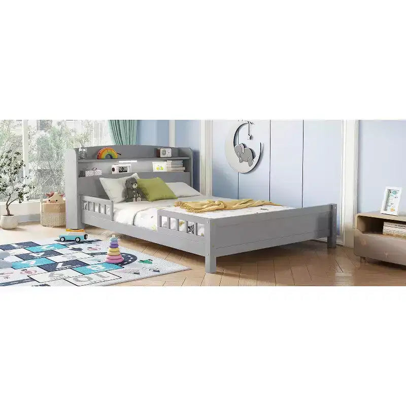 MAYEERTY Full Pine Wood Bed with Bookcase Headboard, Safety Guardrails Gray