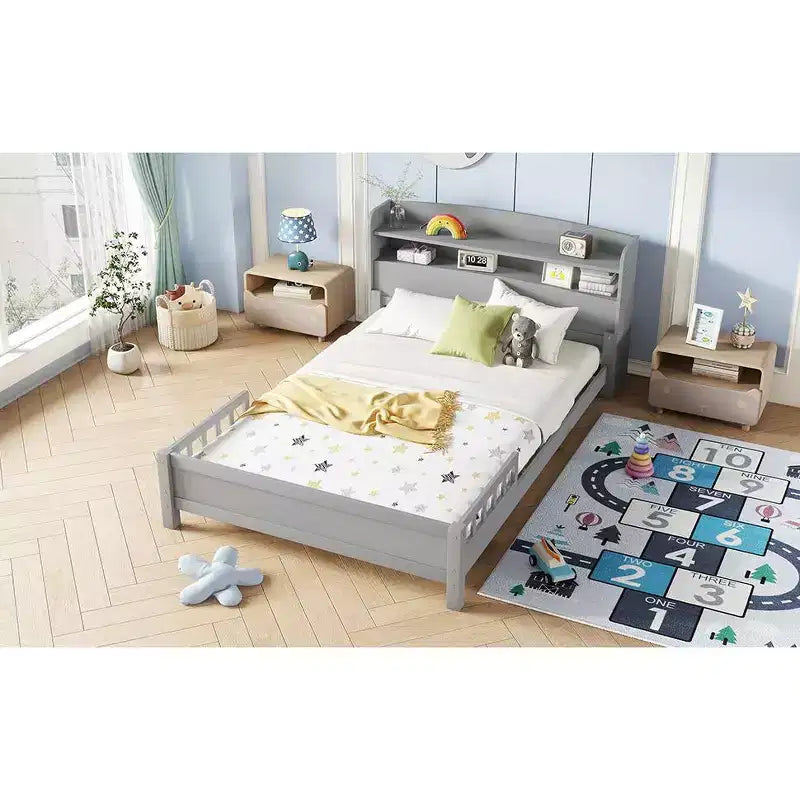 MAYEERTY Full Pine Wood Bed with Bookcase Headboard, Safety Guardrails Gray