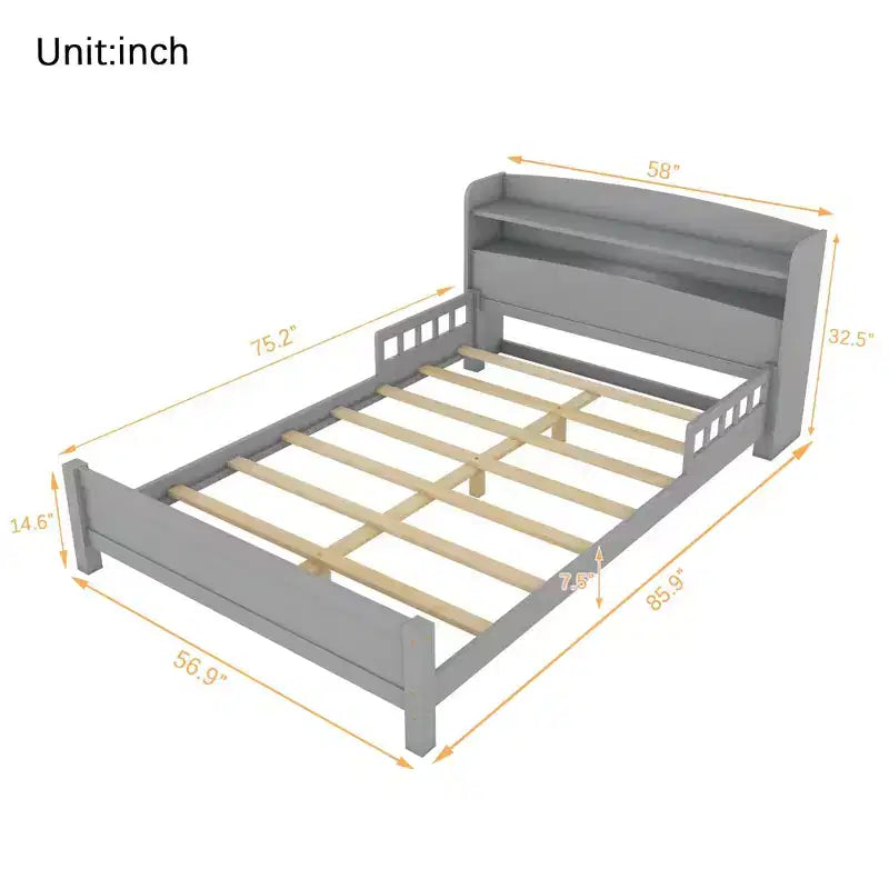 MAYEERTY Full Pine Wood Bed with Bookcase Headboard, Safety Guardrails Gray