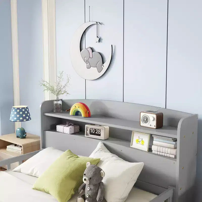 MAYEERTY Full Pine Wood Bed with Bookcase Headboard, Safety Guardrails Gray