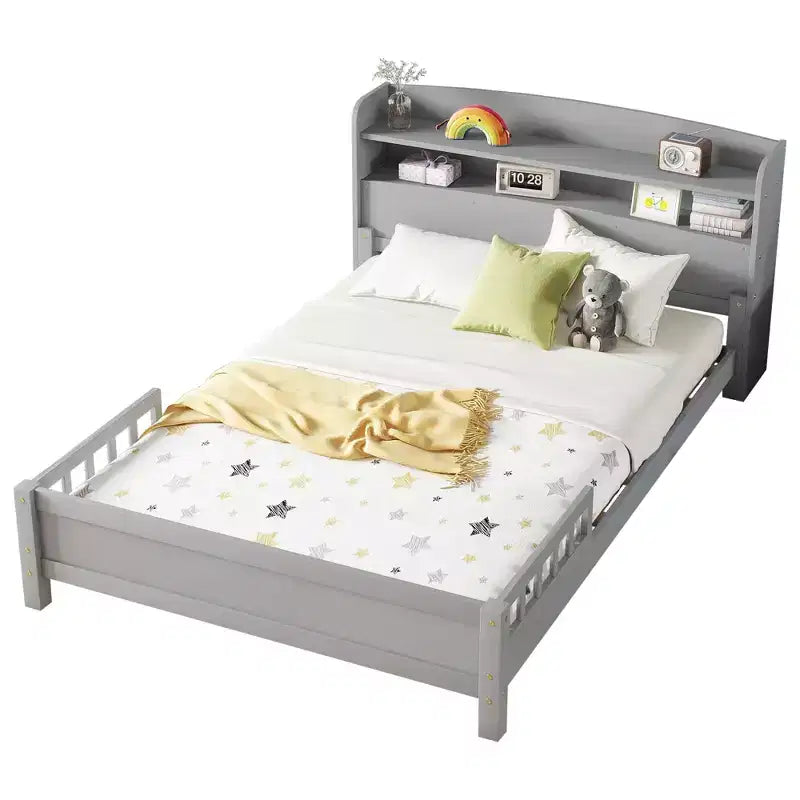 MAYEERTY Full Pine Wood Bed with Bookcase Headboard, Safety Guardrails Gray