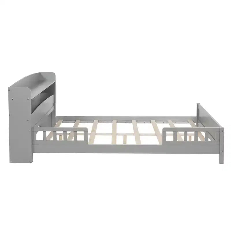 MAYEERTY Full Pine Wood Bed with Bookcase Headboard, Safety Guardrails Gray