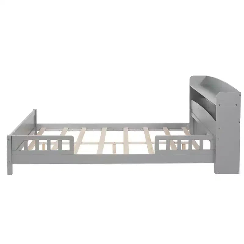 MAYEERTY Full Pine Wood Bed with Bookcase Headboard, Safety Guardrails Gray