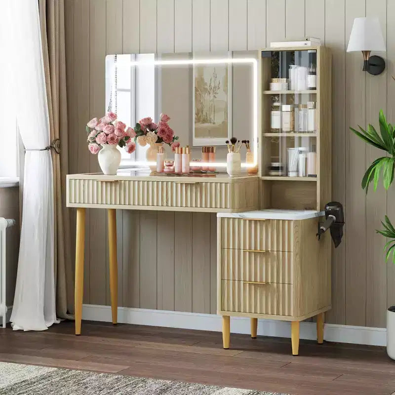 Makeup Vanity Desk with Mirror, Fluted Large Dressing Table with 4 Drawer & Open Storage Shelves, Makeup Vanity Table with Glass Tabletop for Bedroom