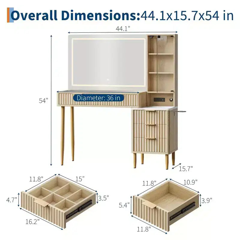 Makeup Vanity Desk with Mirror, Fluted Large Dressing Table with 4 Drawer & Open Storage Shelves, Makeup Vanity Table with Glass Tabletop for Bedroom