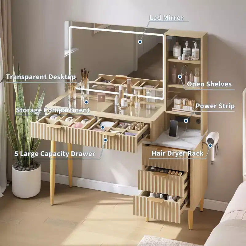 Makeup Vanity Desk with Mirror, Fluted Large Dressing Table with 4 Drawer & Open Storage Shelves, Makeup Vanity Table with Glass Tabletop for Bedroom
