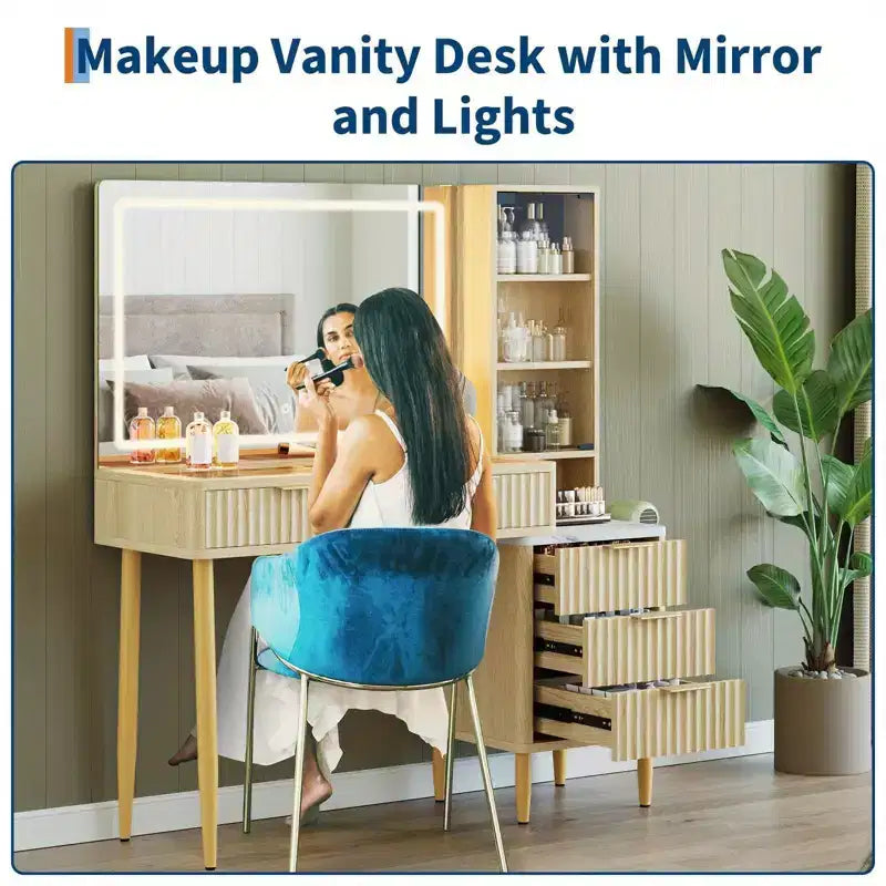 Makeup Vanity Desk with Mirror, Fluted Large Dressing Table with 4 Drawer & Open Storage Shelves, Makeup Vanity Table with Glass Tabletop for Bedroom