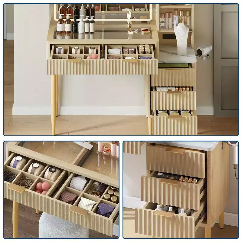 Makeup Vanity Desk with Mirror, Fluted Large Dressing Table with 4 Drawer & Open Storage Shelves, Makeup Vanity Table with Glass Tabletop for Bedroom
