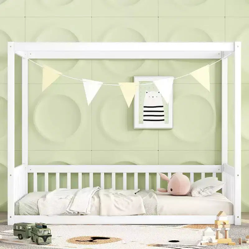 MAYEERTY Twin Canopy Frame Floor Bed with Guardrails, Fence, White
