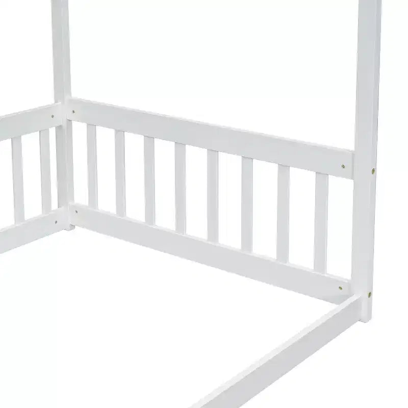 MAYEERTY Twin Canopy Frame Floor Bed with Guardrails, Fence, White