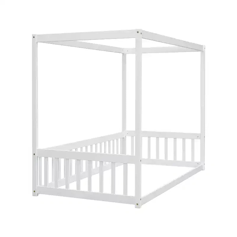 MAYEERTY Twin Canopy Frame Floor Bed with Guardrails, Fence, White