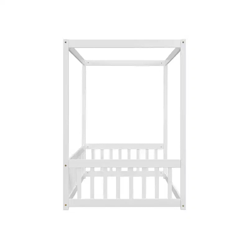 MAYEERTY Twin Canopy Frame Floor Bed with Guardrails, Fence, White