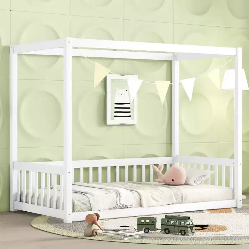 MAYEERTY Twin Canopy Frame Floor Bed with Guardrails, Fence, White