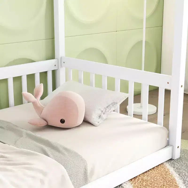 MAYEERTY Twin Canopy Frame Floor Bed with Guardrails, Fence, White
