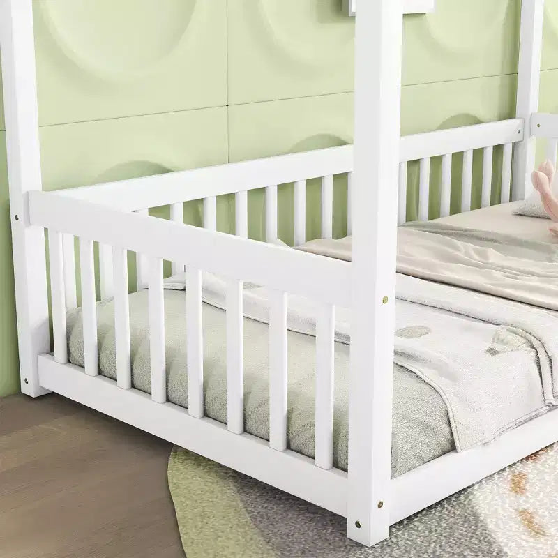 MAYEERTY Twin Canopy Frame Floor Bed with Guardrails, Fence, White