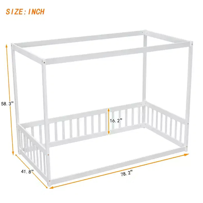 MAYEERTY Twin Canopy Frame Floor Bed with Guardrails, Fence, White