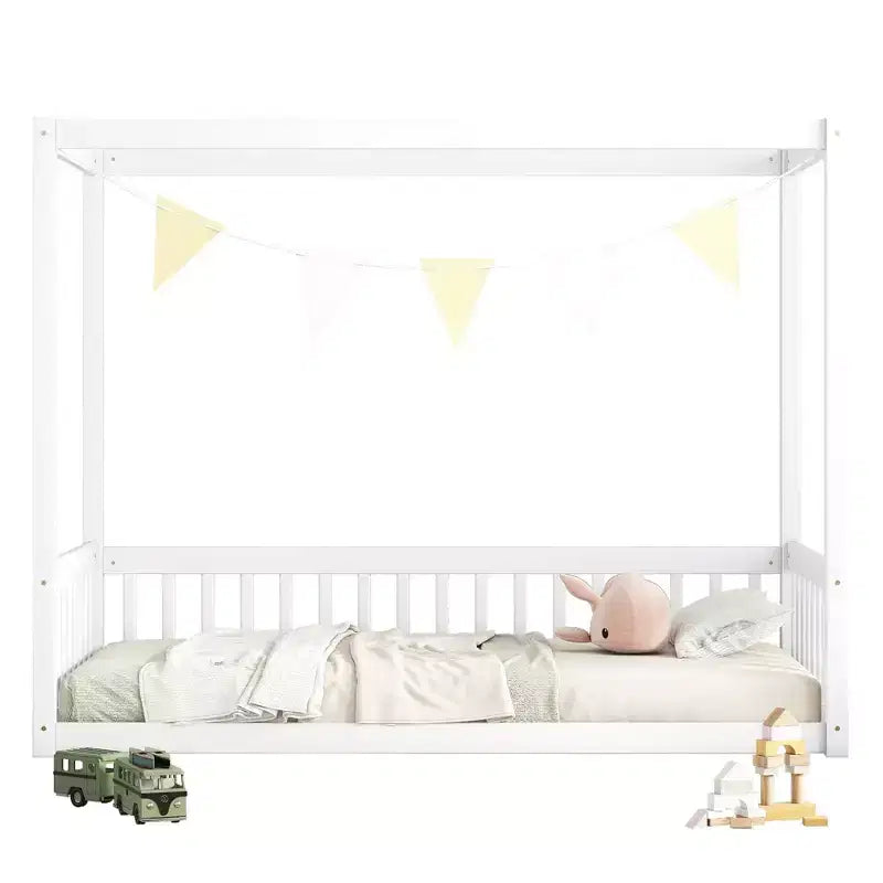 MAYEERTY Twin Canopy Frame Floor Bed with Guardrails, Fence, White