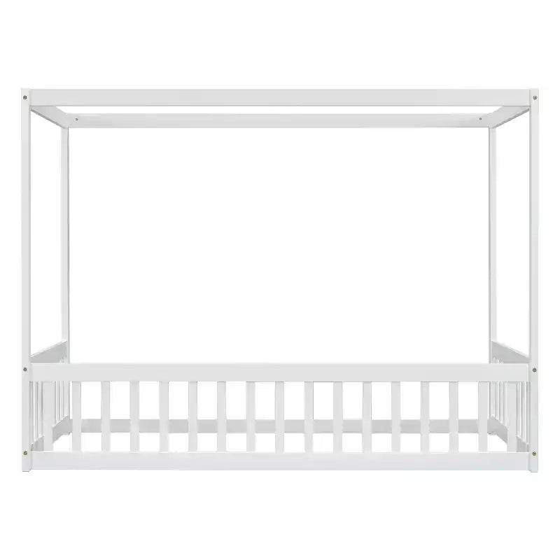 MAYEERTY Twin Canopy Frame Floor Bed with Guardrails, Fence, White
